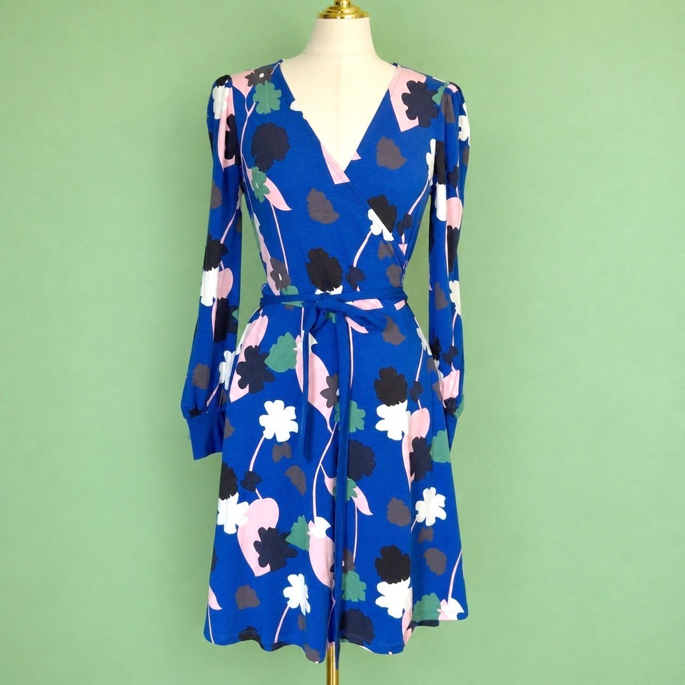 Boden Wrap Dress Womens 8R Blue Floral Long Sleeve Excellent Jersey V-Neck